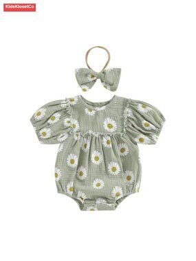 Baby Girl Daisy Print Romper with Headband, Short Sleeve Cotton Polyester